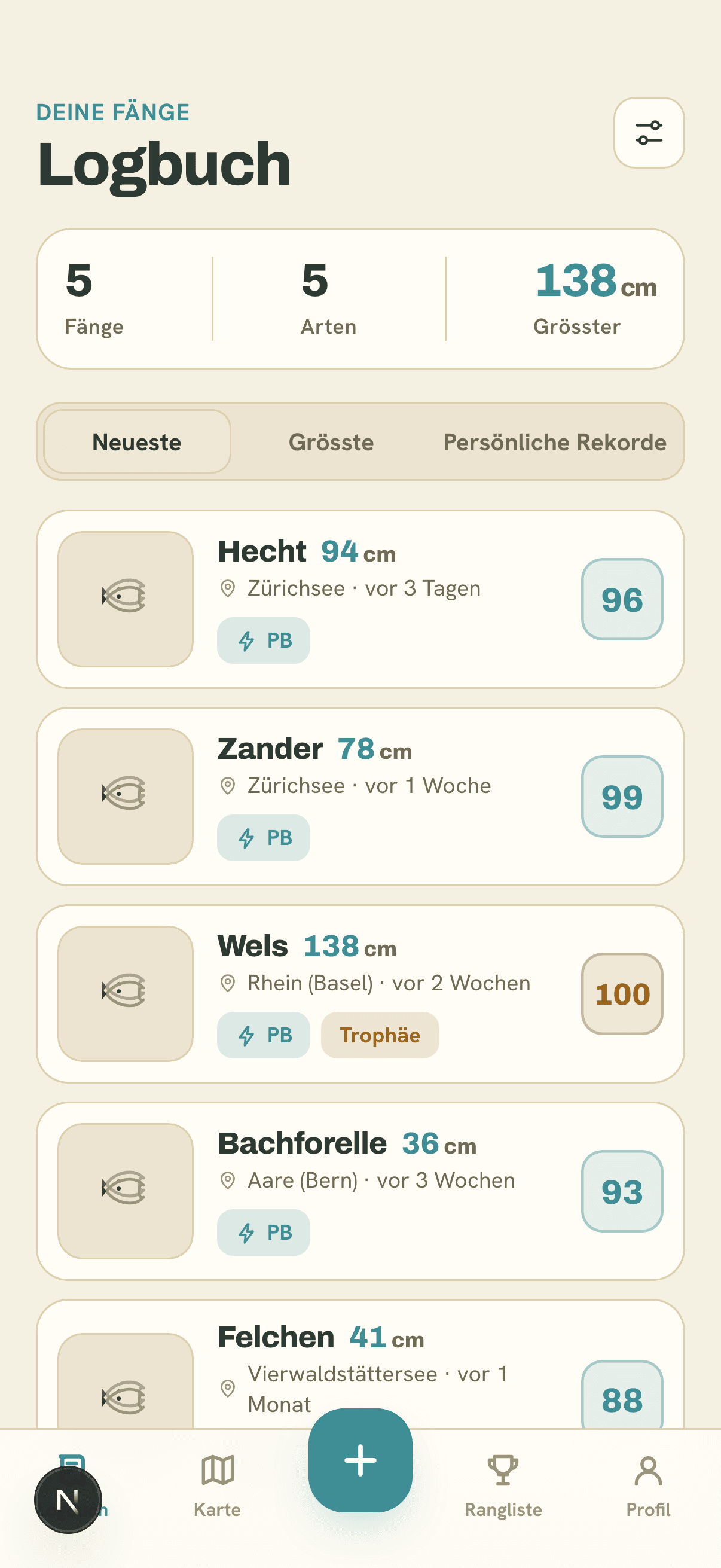 Petriscore Logbuch mit verifizierten Fängen